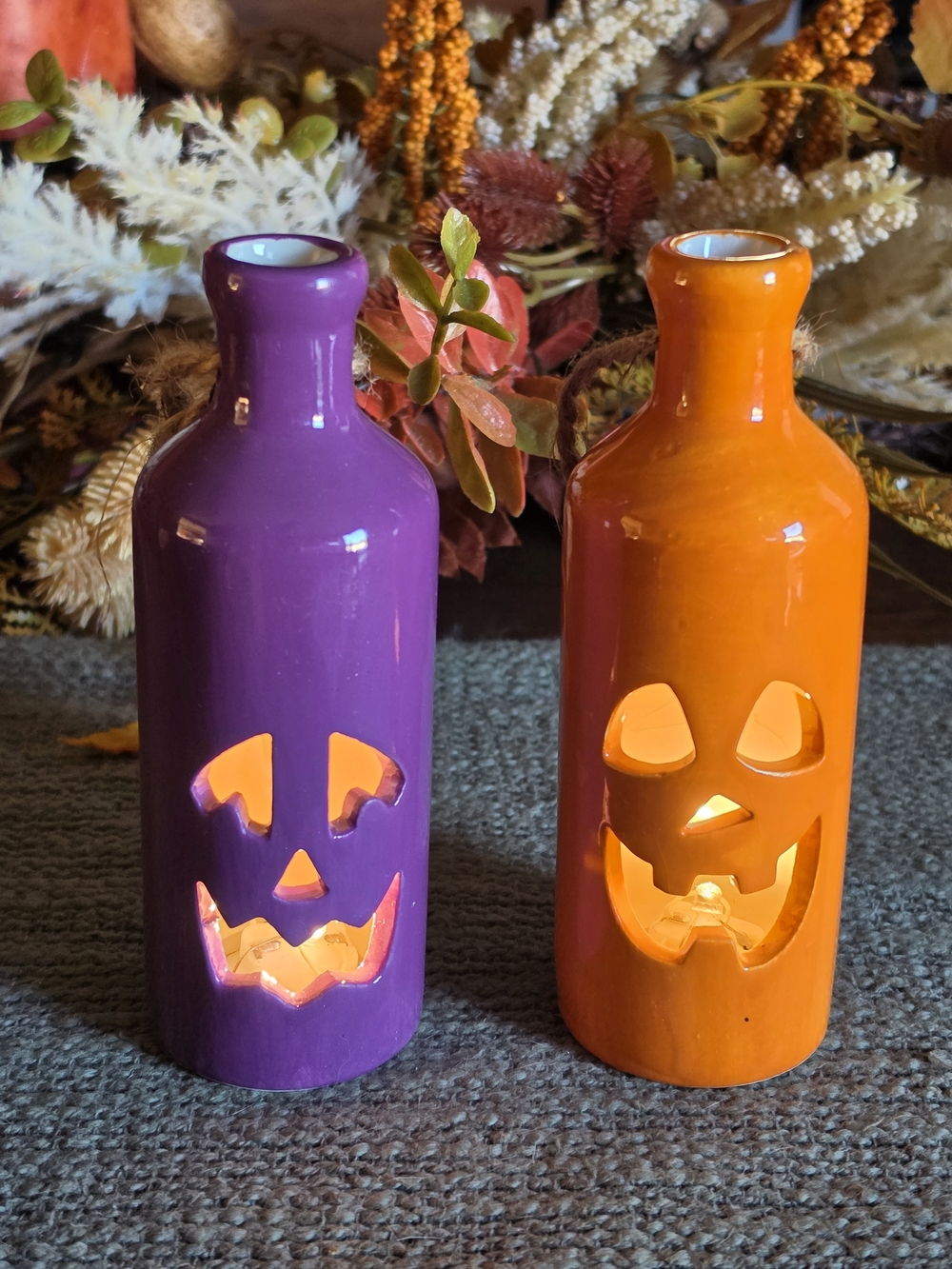 🎃 Set Of 2 Light Up Ceramic Halloween Jack-O'-Lantern Bottle Vases